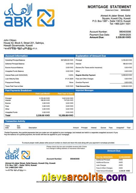 Kuwait Al Ahli Bank of Kuwait mortgage statement Word and PDF template